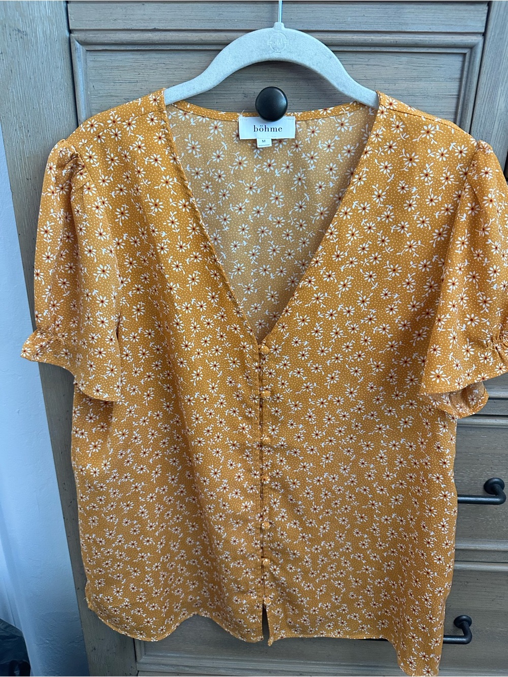 bohme Mustard Floral V-Neck Button Blouse